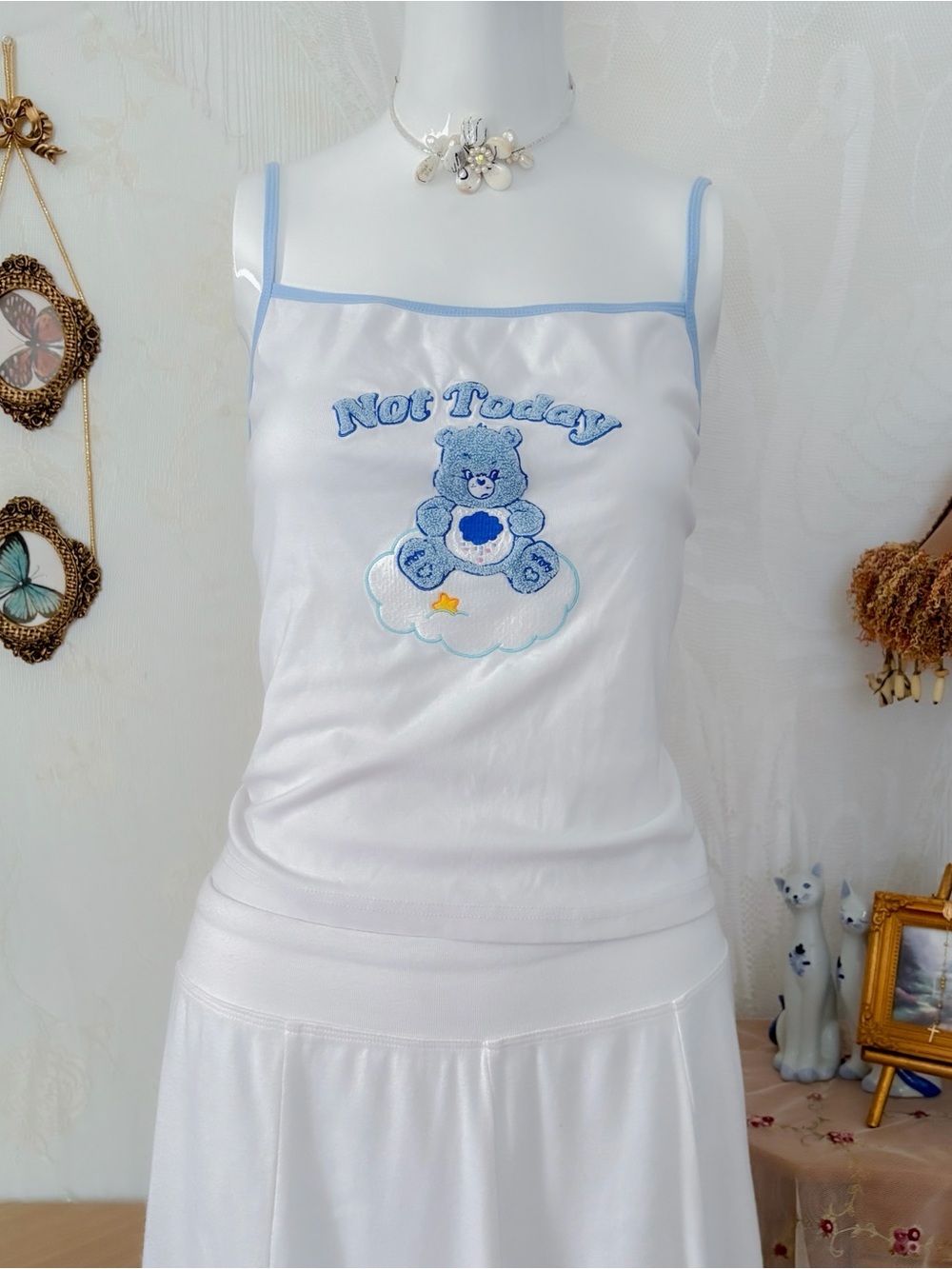 Cute summer casual girly rare grumpy bear cotton blend blue white tank